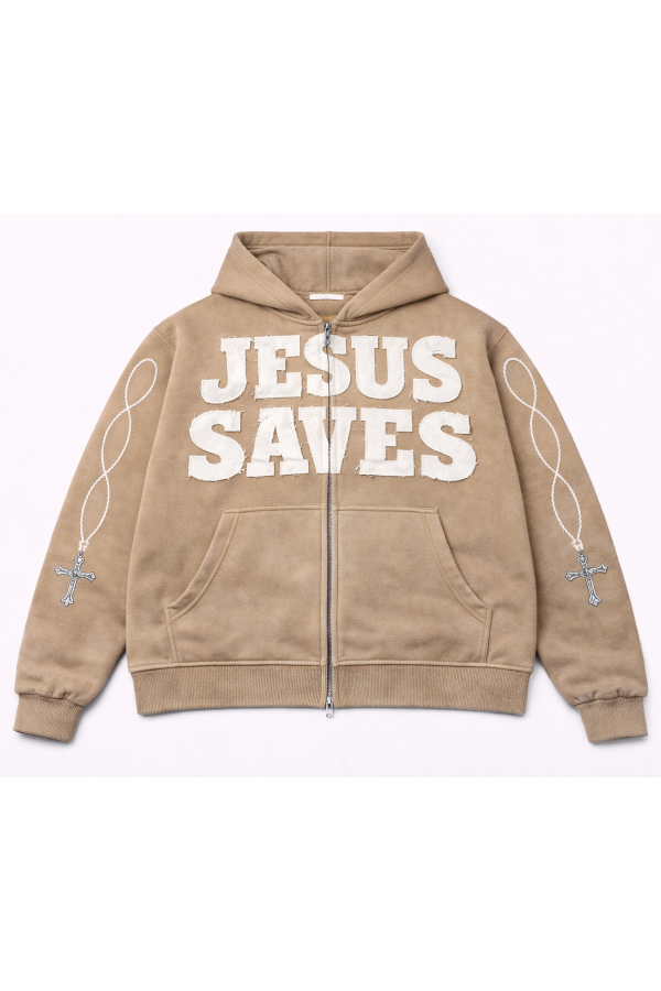 Cream Jesus Saves Zip Up Hoodie